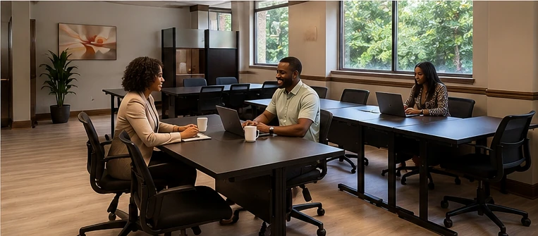 Next Gen Spaces Business Center conference room with collaborators working together