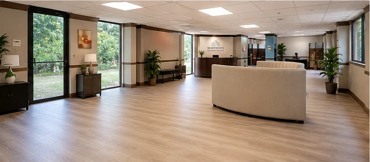 Next Gen Spaces Business Center lobby and wide interior with reception desk