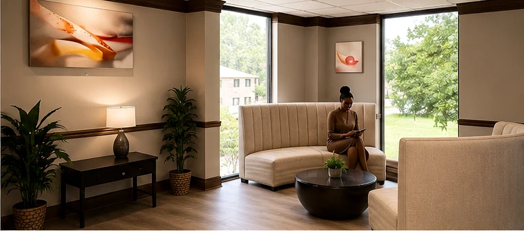 Next Gen Spaces Business Center lounge with seating, greenery, and daylight