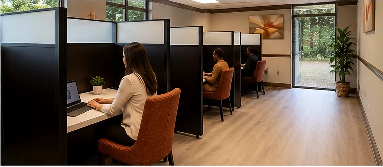Next Gen Spaces Business Center private work pods with focused desk seating