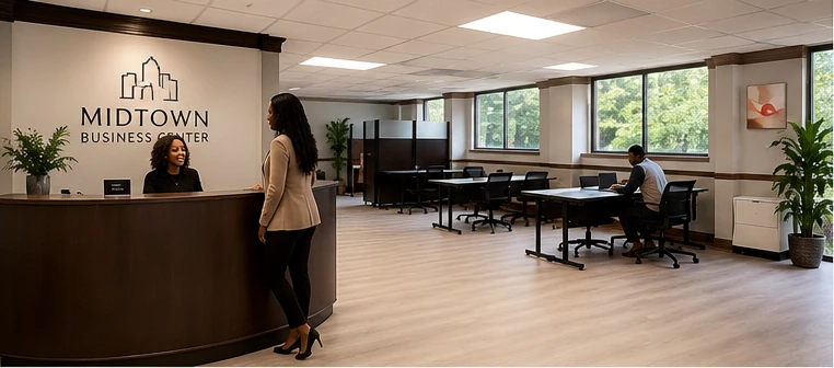 Next Gen Spaces Business Center reception and open workspace with dedicated desks