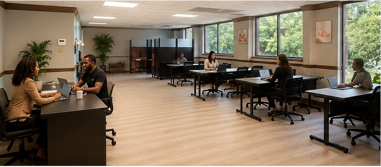 Next Gen Spaces Center flexible workspace with shared tables, dedicated stations, and natural light